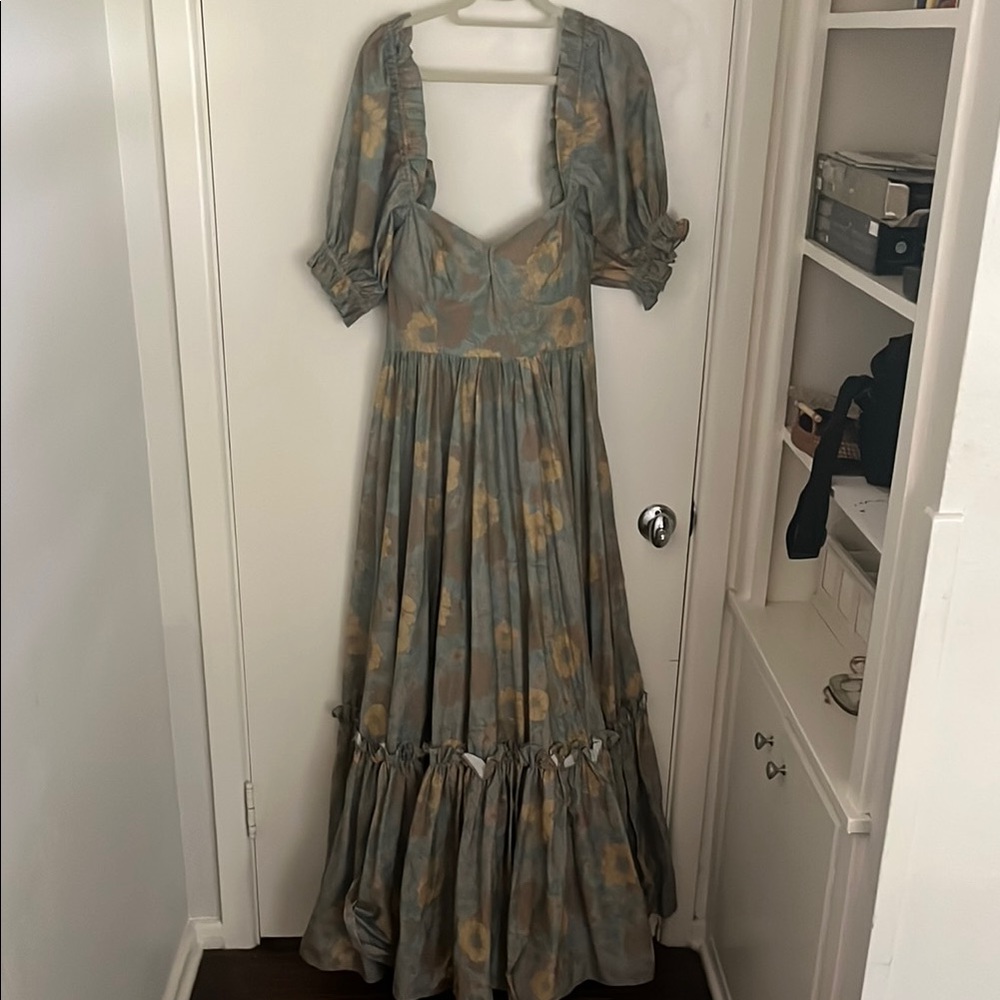 Selkie Green and Brown Pleated Maxi Dress with Bishop Sleeves